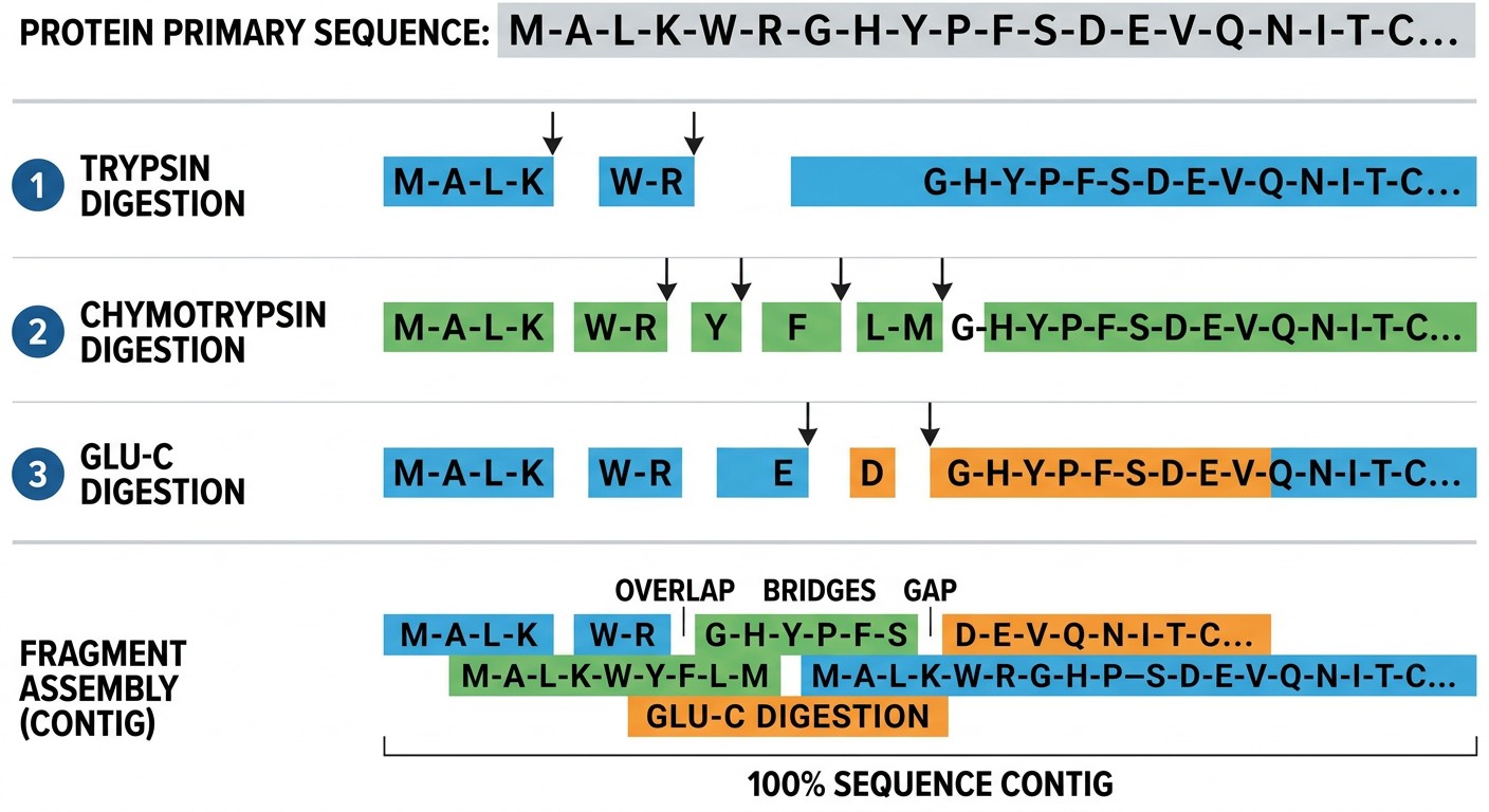 Multi-protease sequence alignment diagram showing Trypsin, Chymotrypsin, and Glu-C peptide overlap assembling into a 100% contig