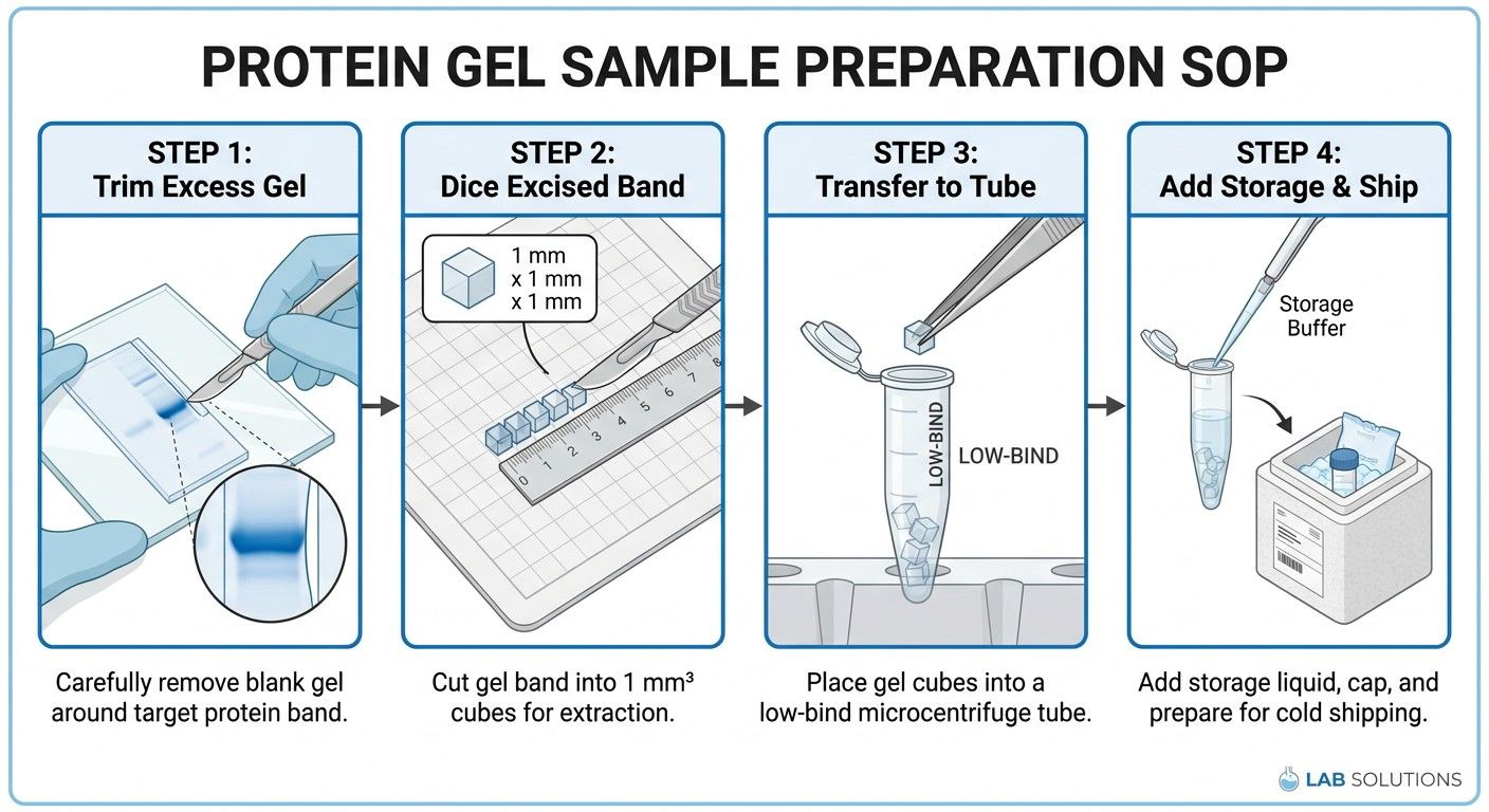 Step-by-step excision SOP diagram illustrating gel trimming, 1mm3 dicing, low-bind tube collection, and cold-chain shipping