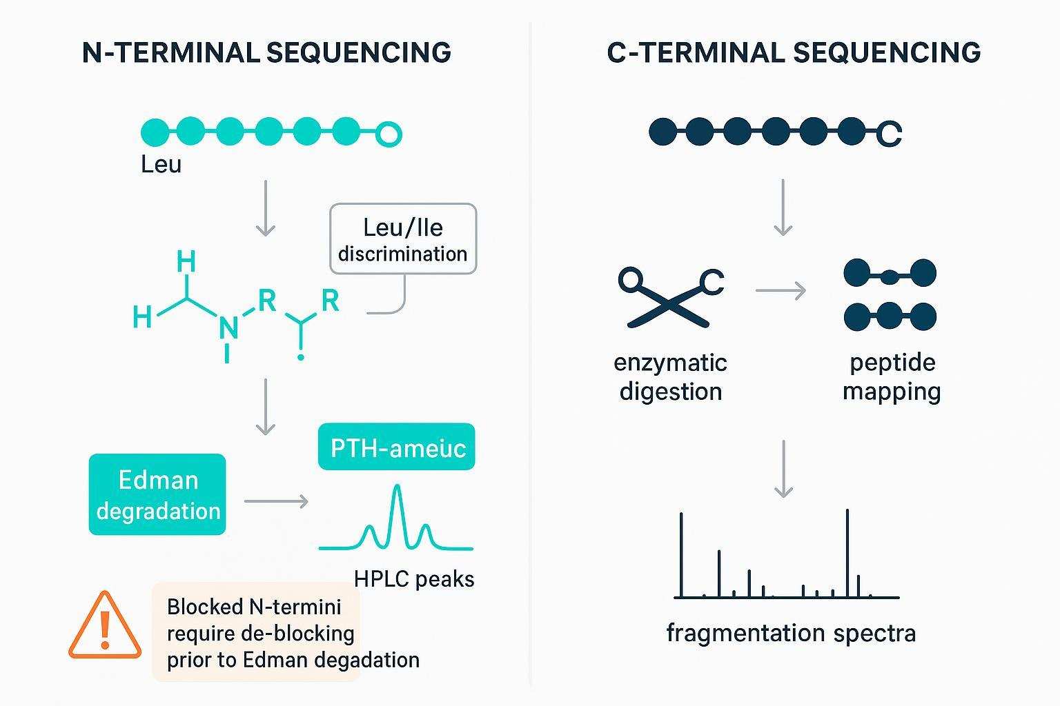 Infographic: N-terminal Edman sequencing vs C-terminal MS sequencing workflow.