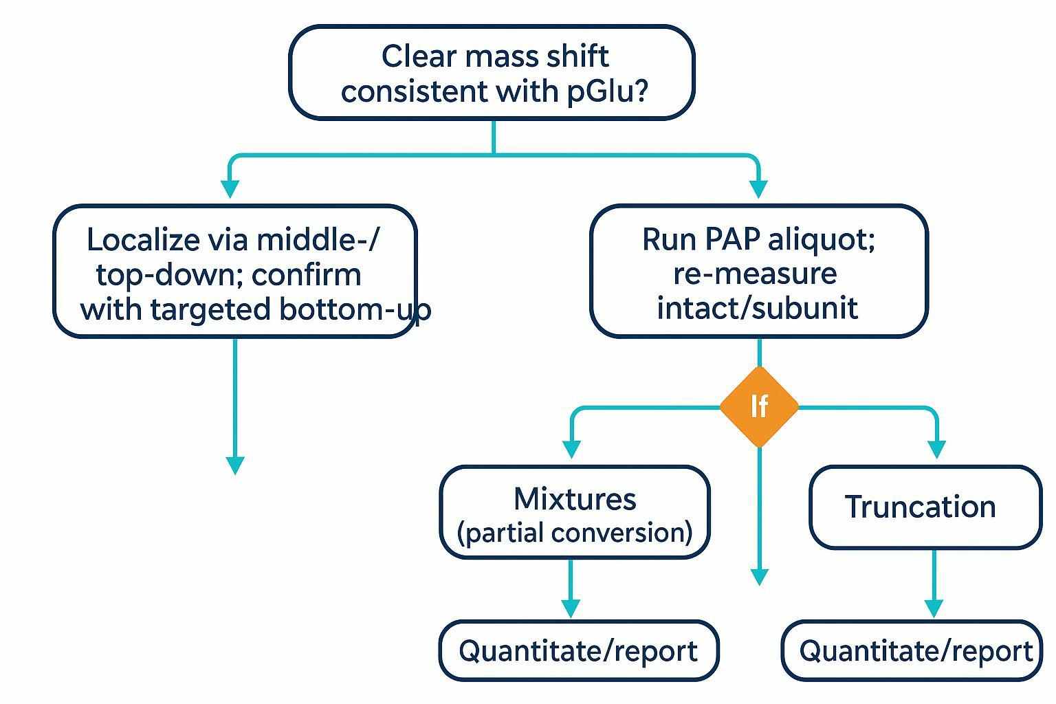 Decision tree for rapid go/no-go under sample and time constraints: pGlu localization, PAP check, and Edman post-deblocking.