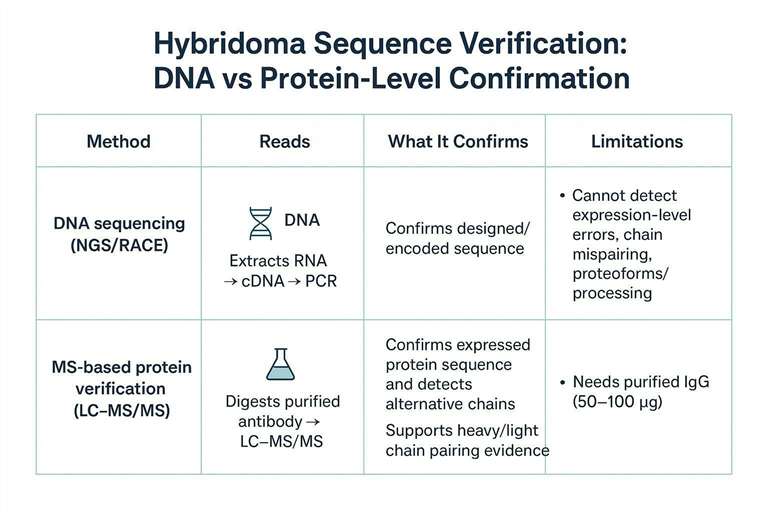 Workflow diagram titled MS Hybridoma Verification Pipeline with steps: purification → digestion & LC–MS/MS → data analysis.