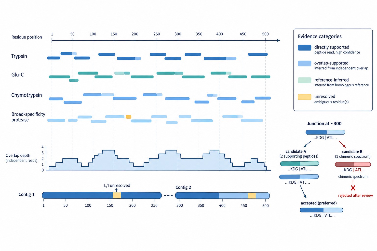 Sequence assembly evidence map and conflict report