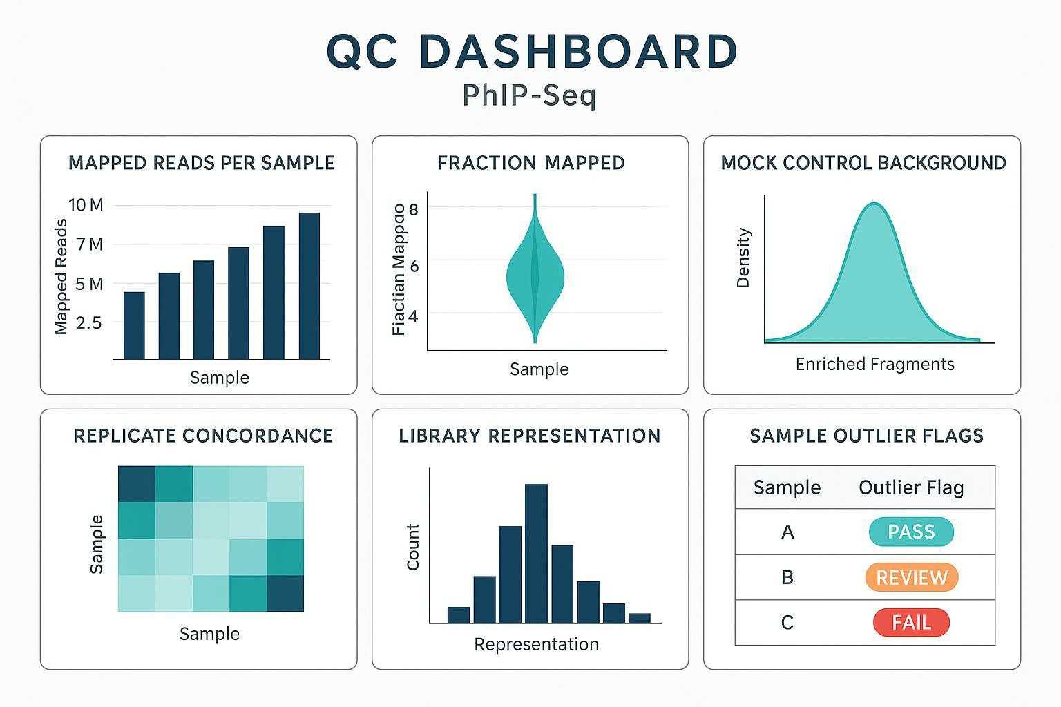 QC dashboard for PhIP-Seq: mapped reads, controls, replicates, library evenness, and outlier flags
