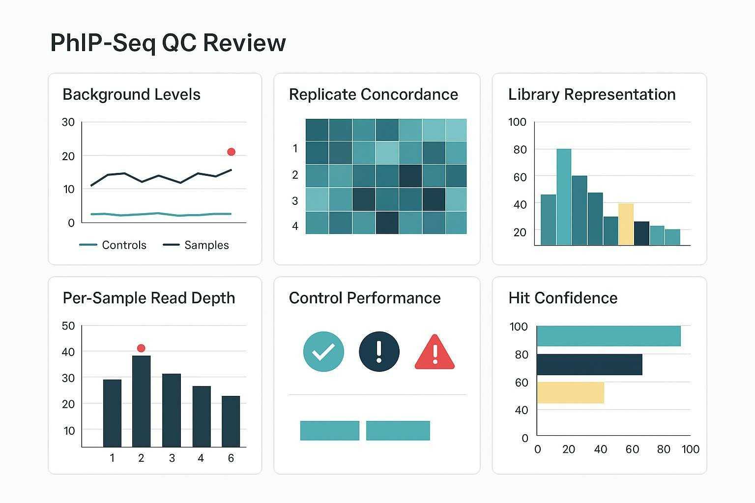 Mock PhIP-Seq QC dashboard summarizing background, replicate concordance, library representation, read depth, control performance, and hit confidence.