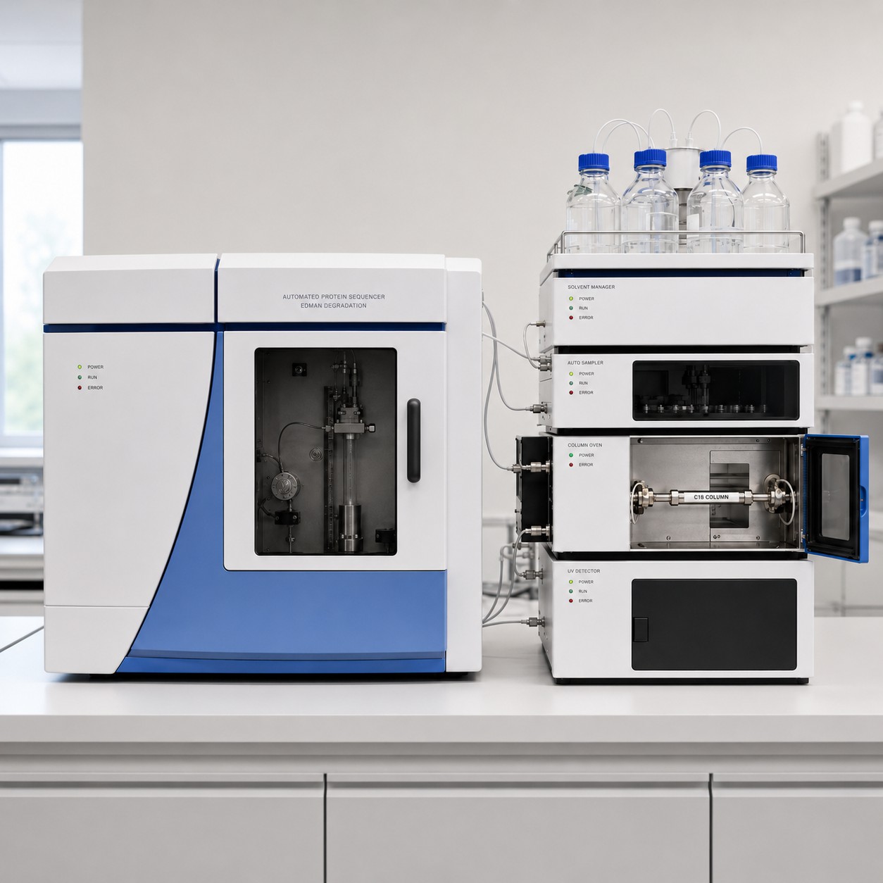 Close-up of Shimadzu PPSQ automated protein sequencer performing Edman degradation, with HPLC system for PTH-amino acid detection.
