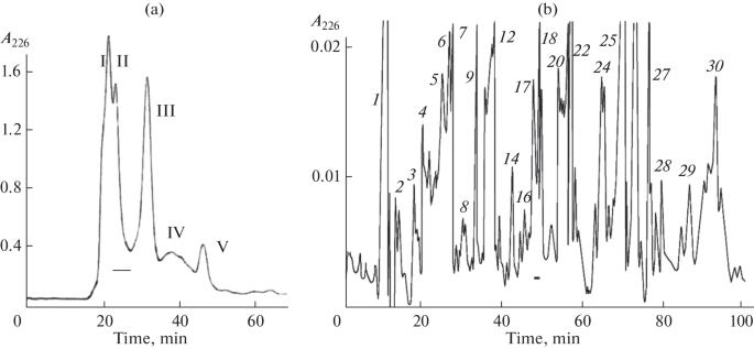 Reversed-phase HPLC chromatogram showing separation of fraction 18 from M. colubrinus venom on a Jupiter C18 column with 20-30% acetonitrile gradient over 60 min at 1 mL/min. The horizontal line indicates the active fraction containing macoluxin that was subsequently analyzed by Edman degradation.