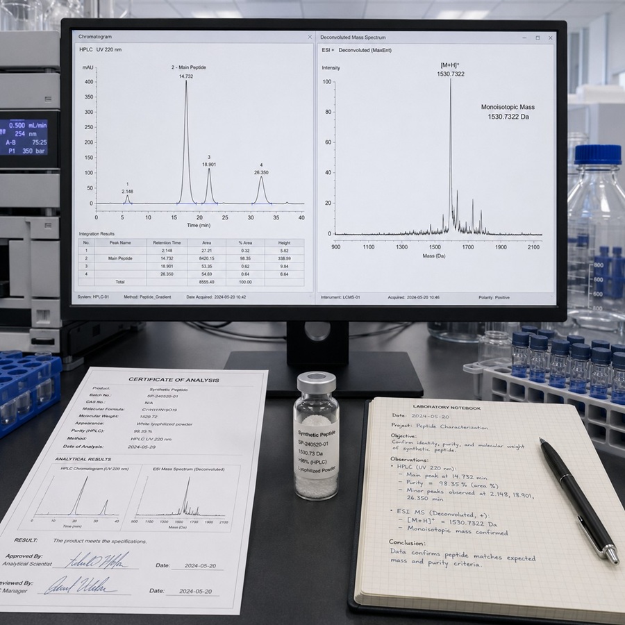 Scientist reviewing an HPLC chromatogram on a laboratory monitor, with peptide structural diagrams visible.