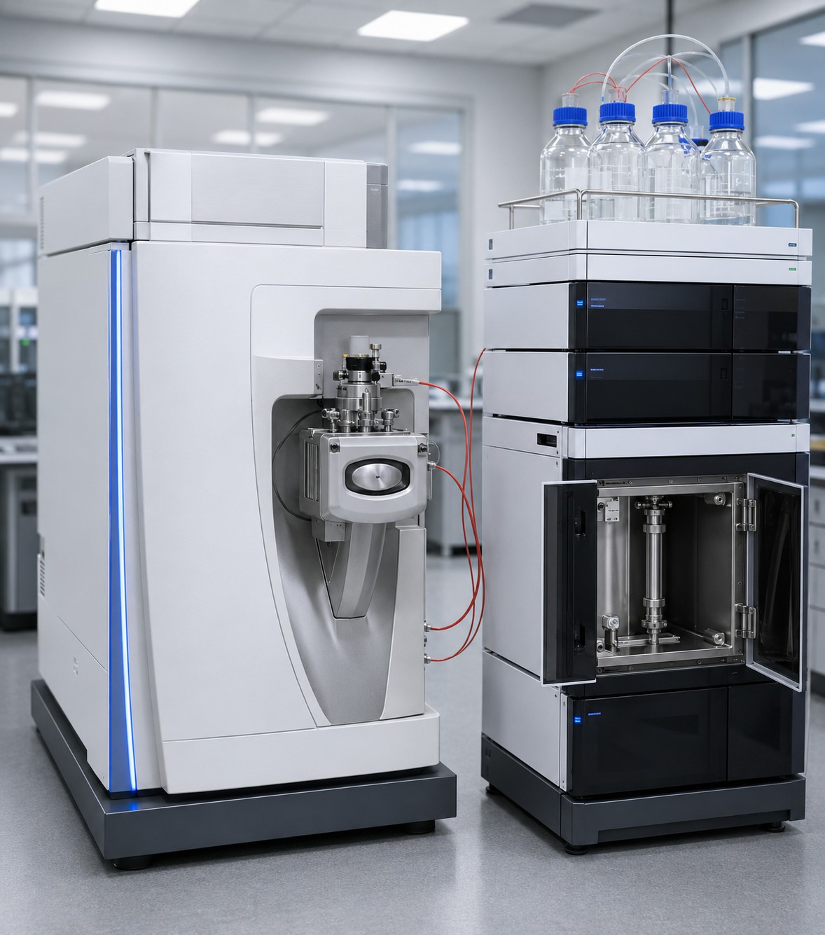 High-resolution mass spectrometry and HPLC instrumentation in a modern analytical laboratory.