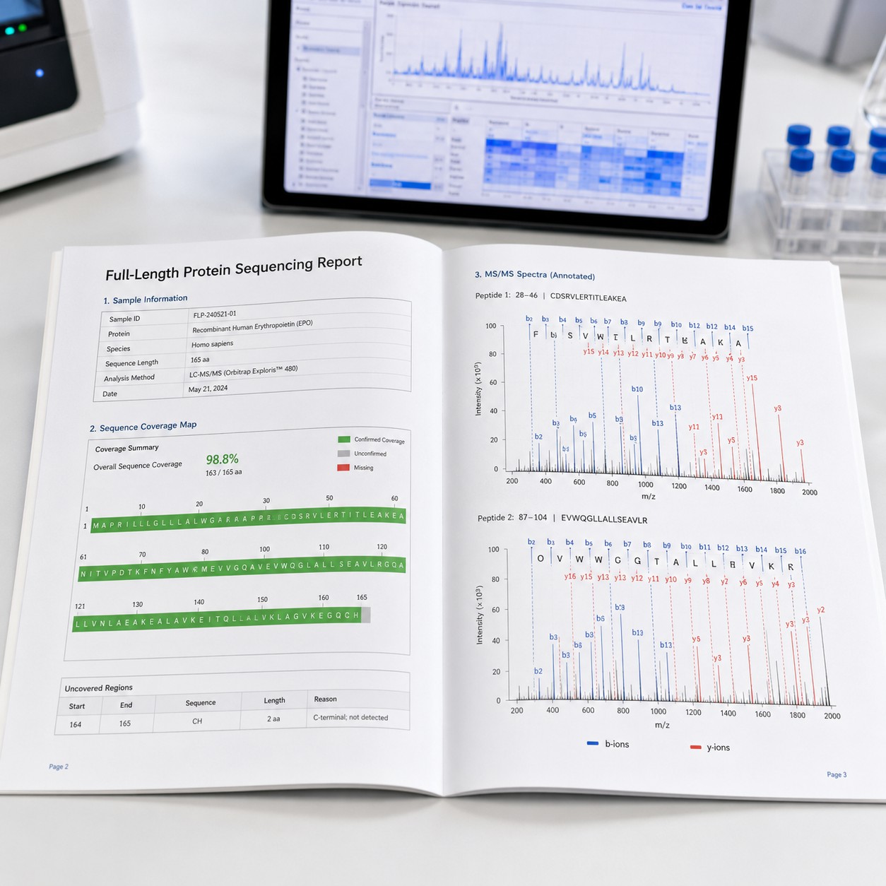 Sample full-length protein sequencing report showing sequence coverage map, annotated MS/MS spectra, and peptide alignment.
