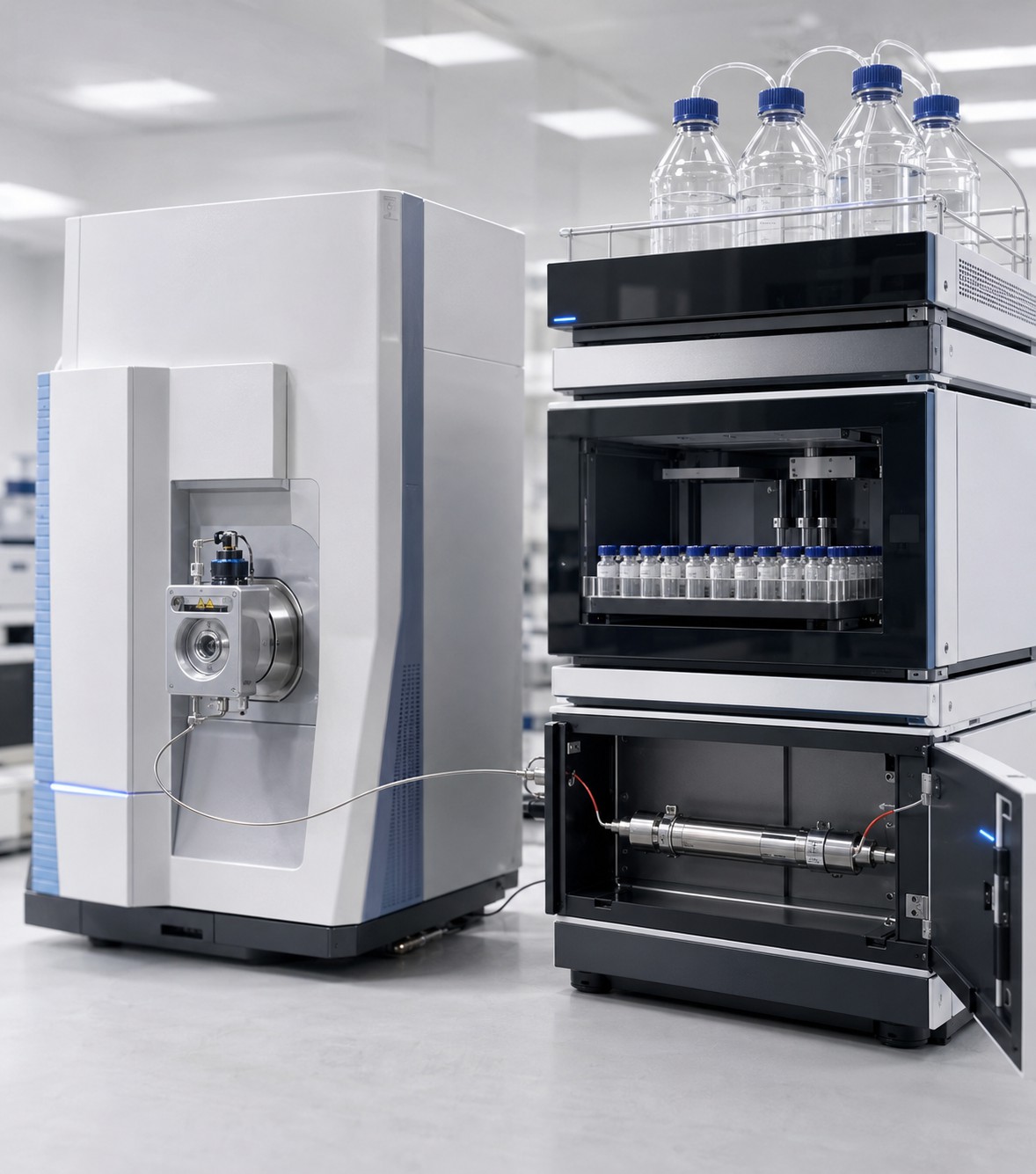 Close-up of UHPLC and Orbitrap mass spectrometer instrumentation used for high-resolution protein N-terminal sequencing analysis.
