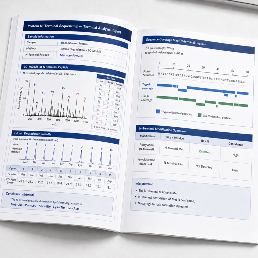 Open analytical report booklet showing N-terminal sequencing results — annotated MS/MS spectrum with b/y ions and sequence coverage map confirming the N-terminal peptide.