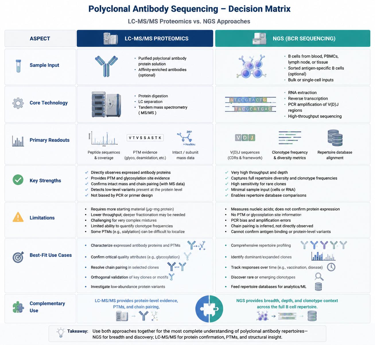 Proteomics versus NGS decision matrix for polyclonal antibody sequencing based on sample type and project goal