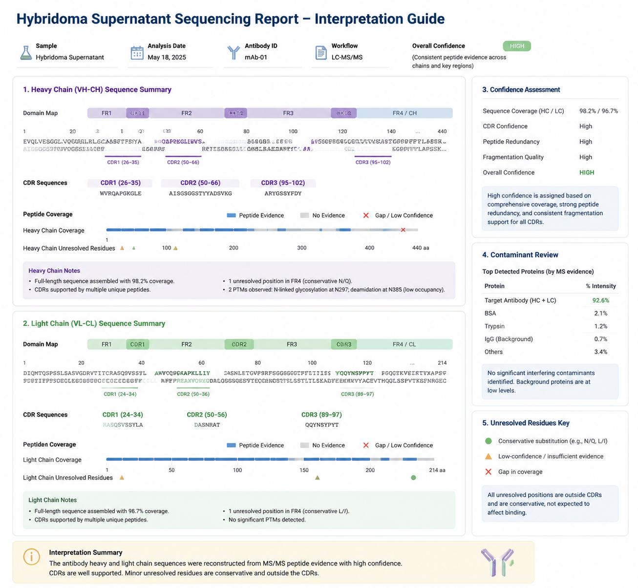 Hybridoma supernatant sequencing report graphic showing sequence coverage confidence notes and unresolved residues