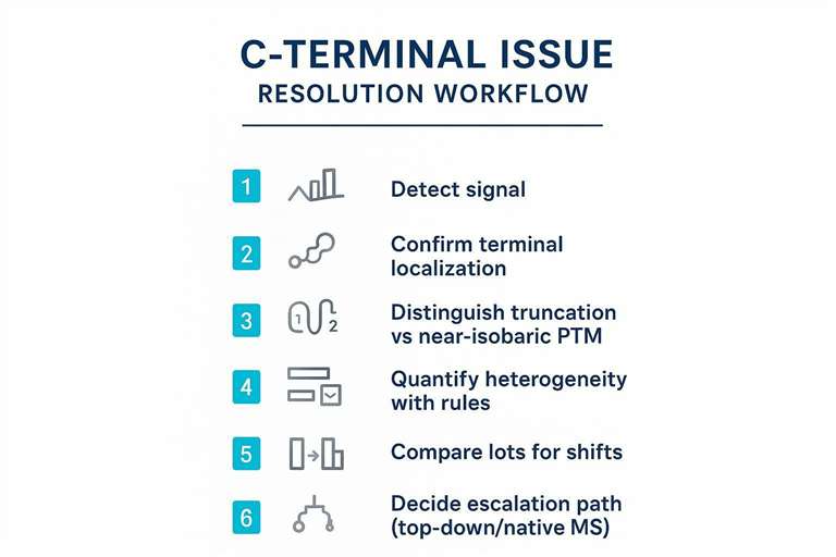 Checklist workflow for resolving truncation, tag loss, heterogeneity, and comparability Caption: A practical workflow from first signal to defensible C-terminal conclusions.