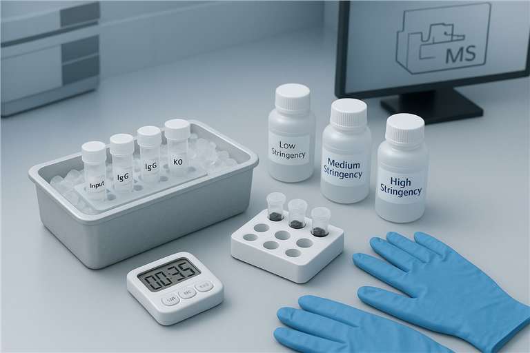 Endogenous Co-IP to LC-MS/MS bench setup with controls, magnetic beads, and wash stringency buffers