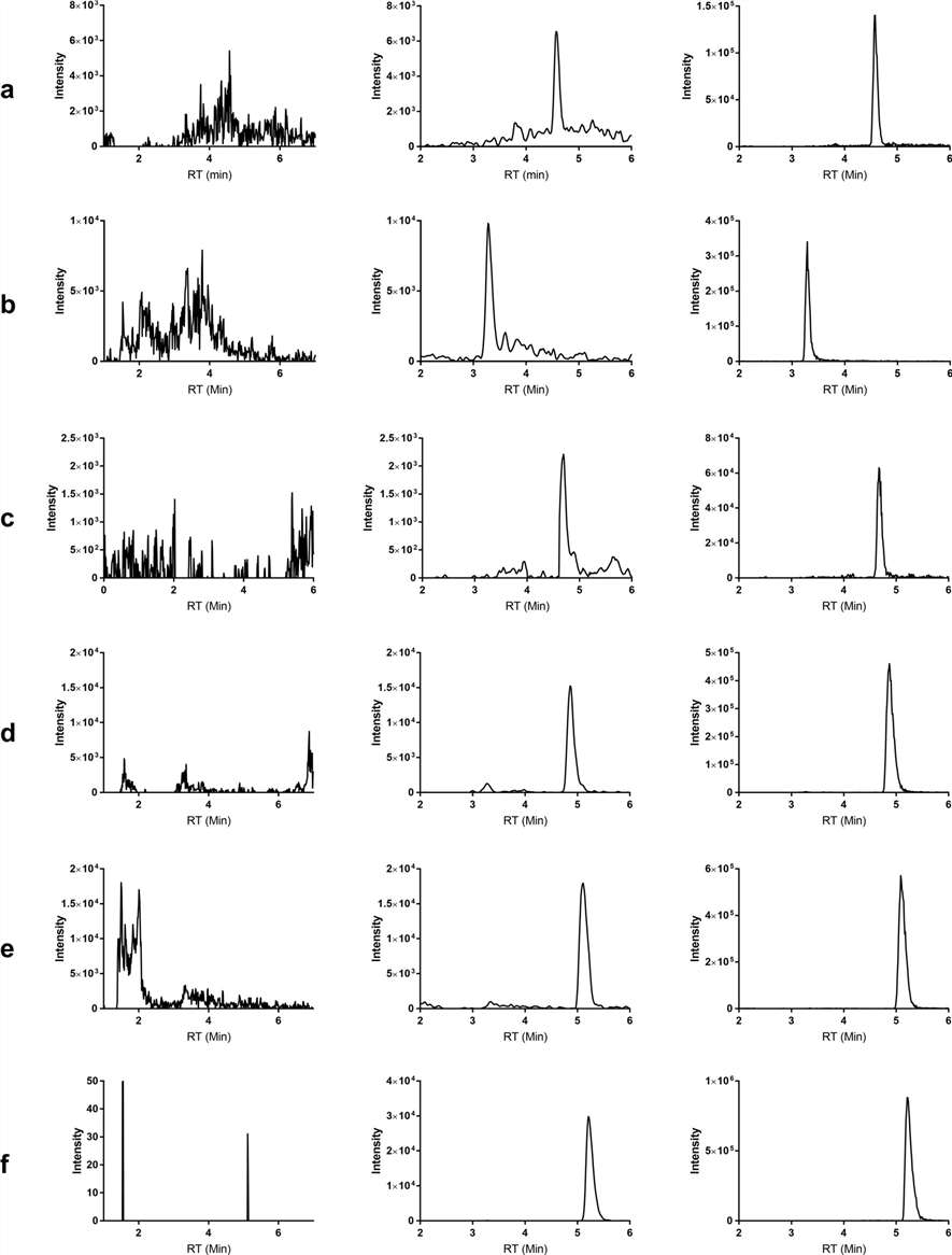 LC-MS/MS chromatograms from Mak et al. 2024 showing method selectivity for six ADC payloads vs blank serum with internal standard