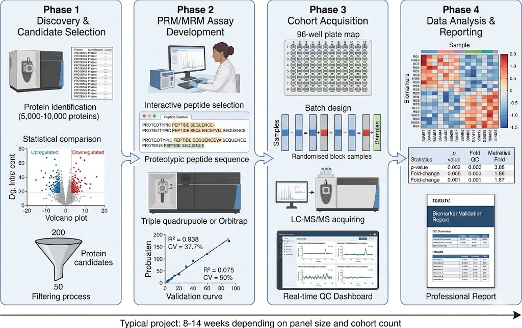End-to-end biomarker validation pipeline from DIA discovery through PRM method development to cohort quantification and reporting