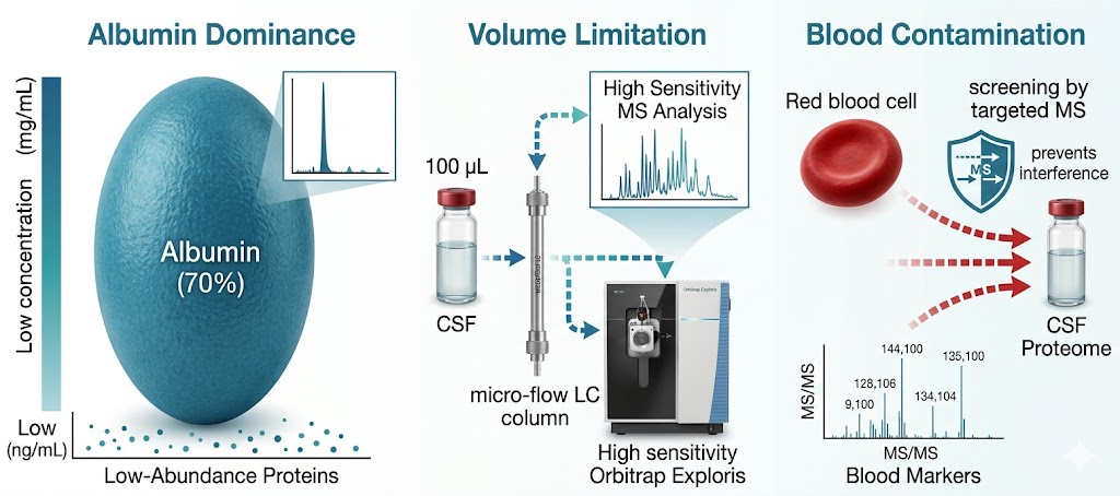 Three-panel illustration: CSF dynamic range challenge showing albumin dominance, volume limitation with micro-flow LC solution, and blood contamination screening workflow, Nature journal scientific illustration style