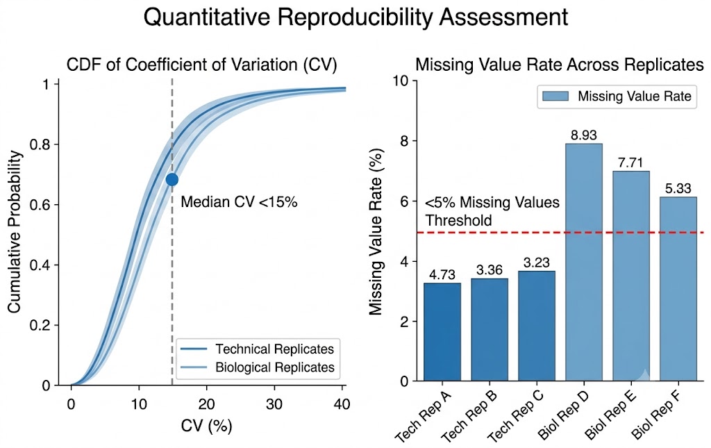 Quantitative reproducibility assessment showing CV distribution across technical and biological replicates