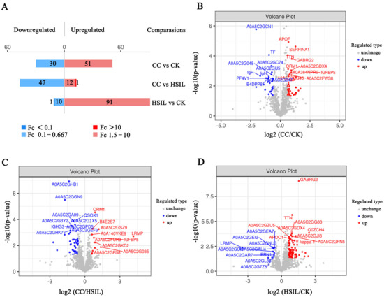 Volcano plot of differentially expressed proteins — DIA plasma proteomics cervical cancer vs healthy