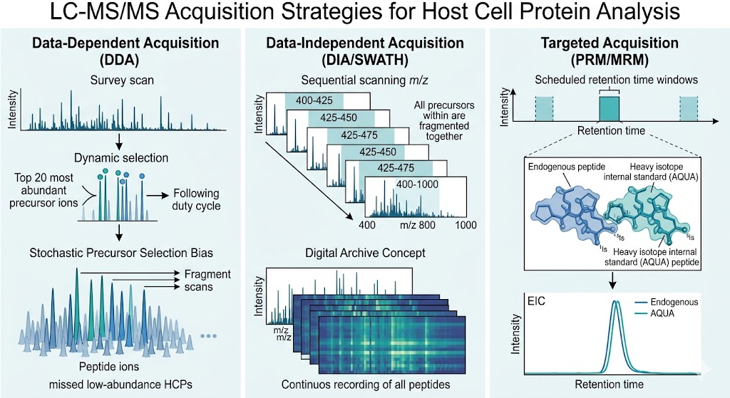 Comparison of three LC-MS/MS acquisition strategies for HCP analysis: DDA (stochastic precursor sampling), SWATH/DIA (systematic peptide recording), and targeted PRM/MRM (absolute quantification with heavy standards)