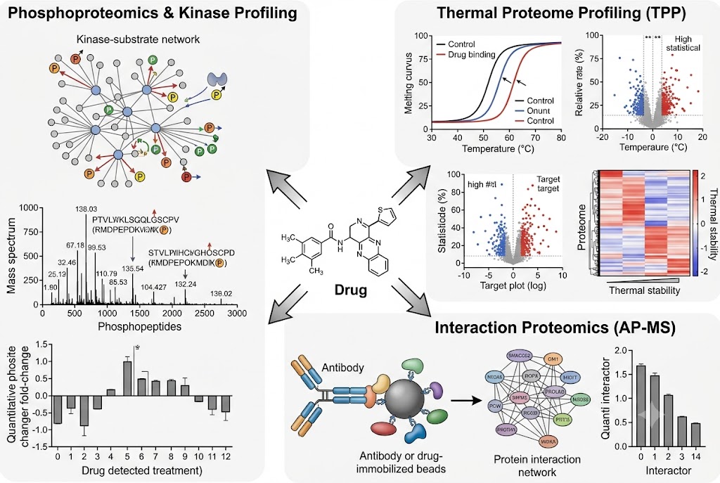 Technology integration diagram showing three MoA profiling methods: phosphoproteomics and kinase profiling, TPP thermal profiling, and interaction proteomics around a central drug molecule