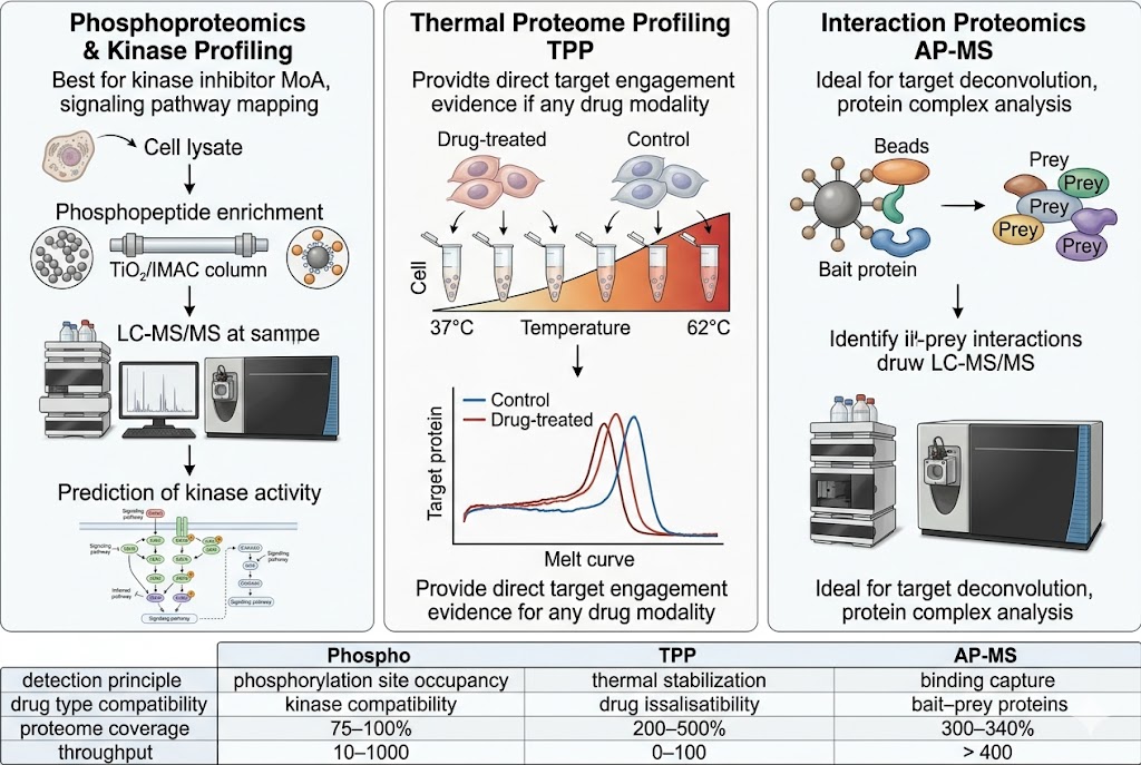 Side-by-side comparison of three MoA profiling platforms: phosphoproteomics and kinase profiling, thermal proteome profiling, and interaction proteomics approaches