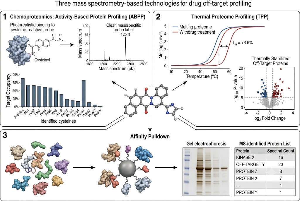 Technology integration diagram showing three off-target profiling methods: chemoproteomics ABPP, TPP thermal profiling, and affinity pulldown around a central drug molecule