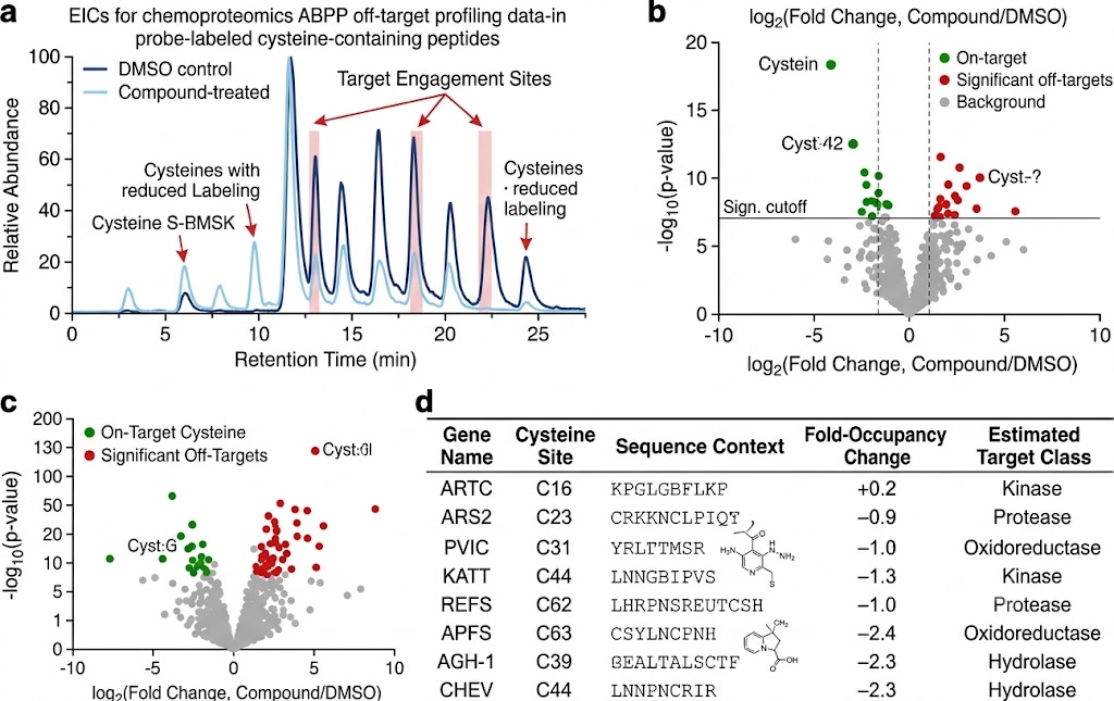 Chemoproteomics ABPP data showing competitive labeling profiles, volcano plot of off-target cysteines, and off-target identification table