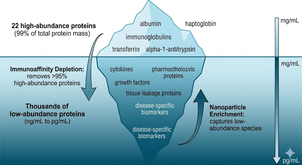 Plasma proteome dynamic range iceberg diagram: 22 high-abundance proteins accounting for 99% protein mass above waterline, thousands of low-abundance biomarkers below, with depletion and enrichment arrows