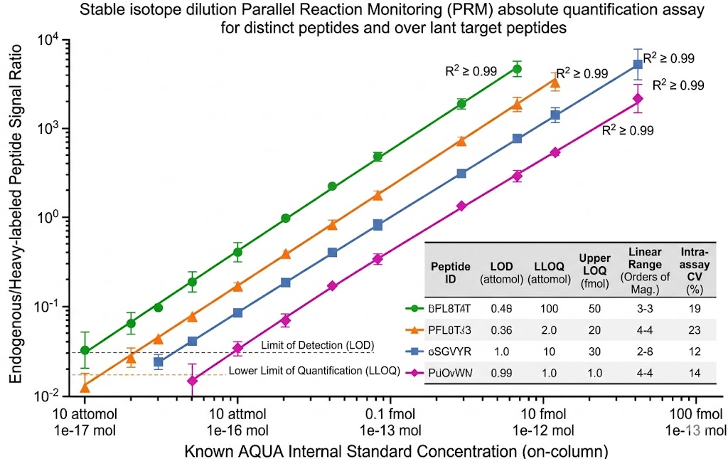 Calibration curves for stable isotope dilution PRM assays showing linear dynamic range spanning four orders of magnitude with LOD and LOQ marked for each target peptide
