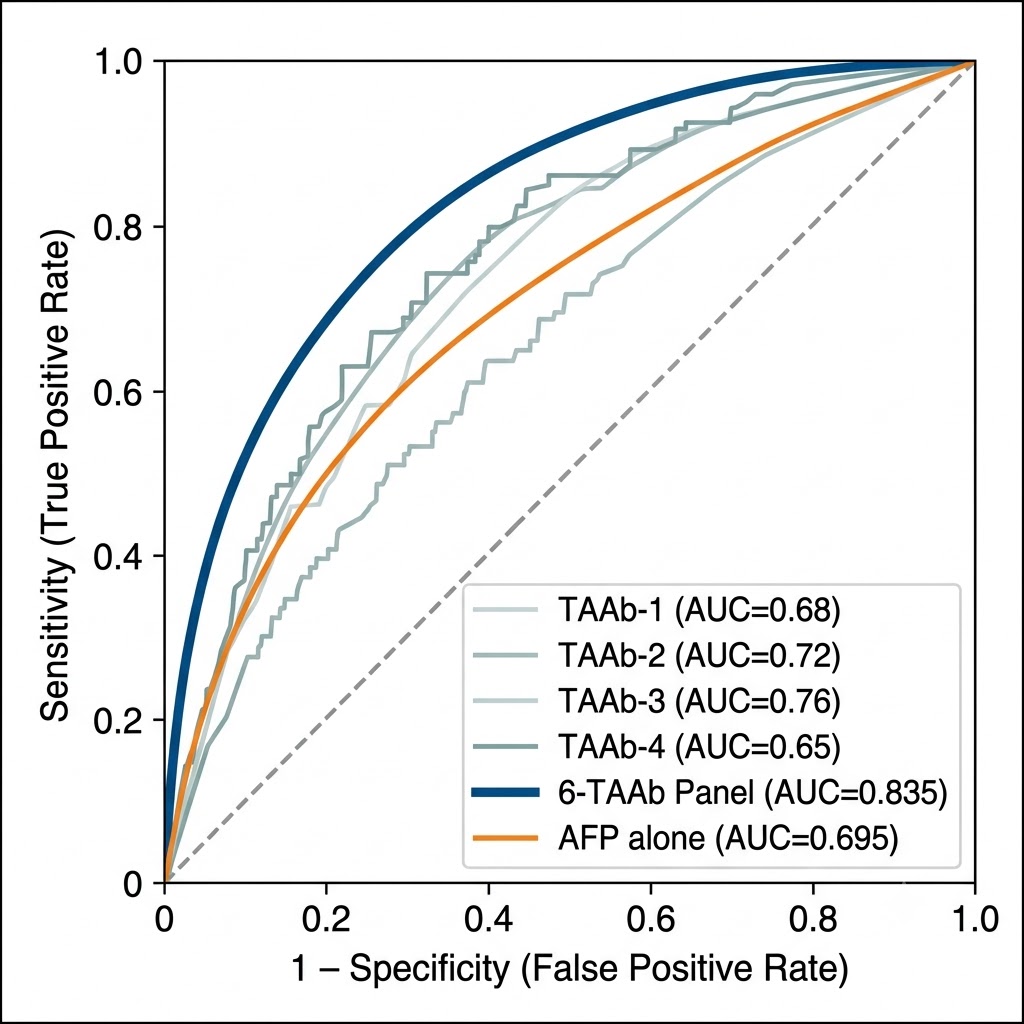 Autoantibody biomarker ROC curves — AUC comparison for individual and panel TAAb candidates from human proteome microarray discovery