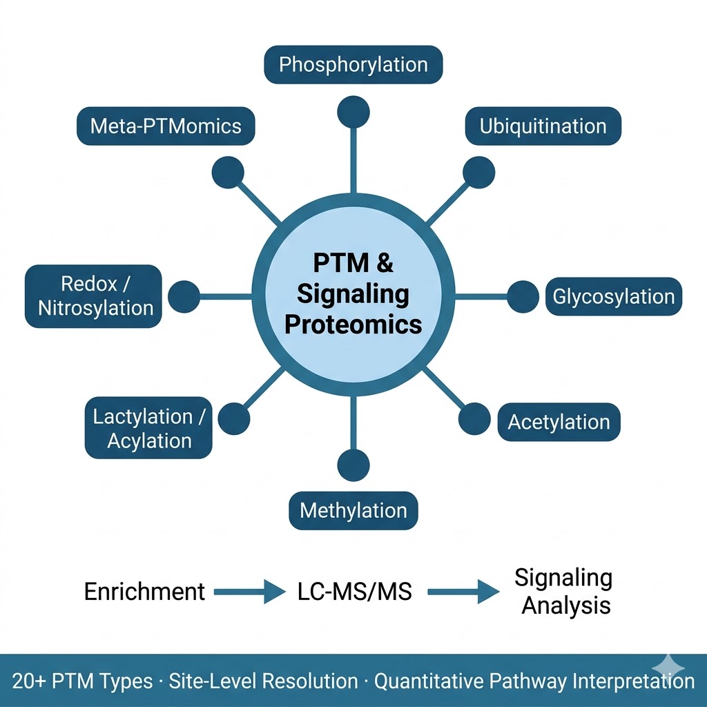 PTM and signaling proteomics service overview — phosphorylation, ubiquitination, glycosylation, acetylation LC-MS/MS workflows
