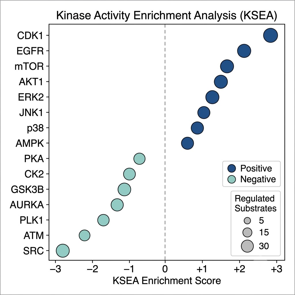 Phosphoproteomics kinase substrate network — regulated phosphosites mapped to active kinases, KSEA kinase activity enrichment analysis