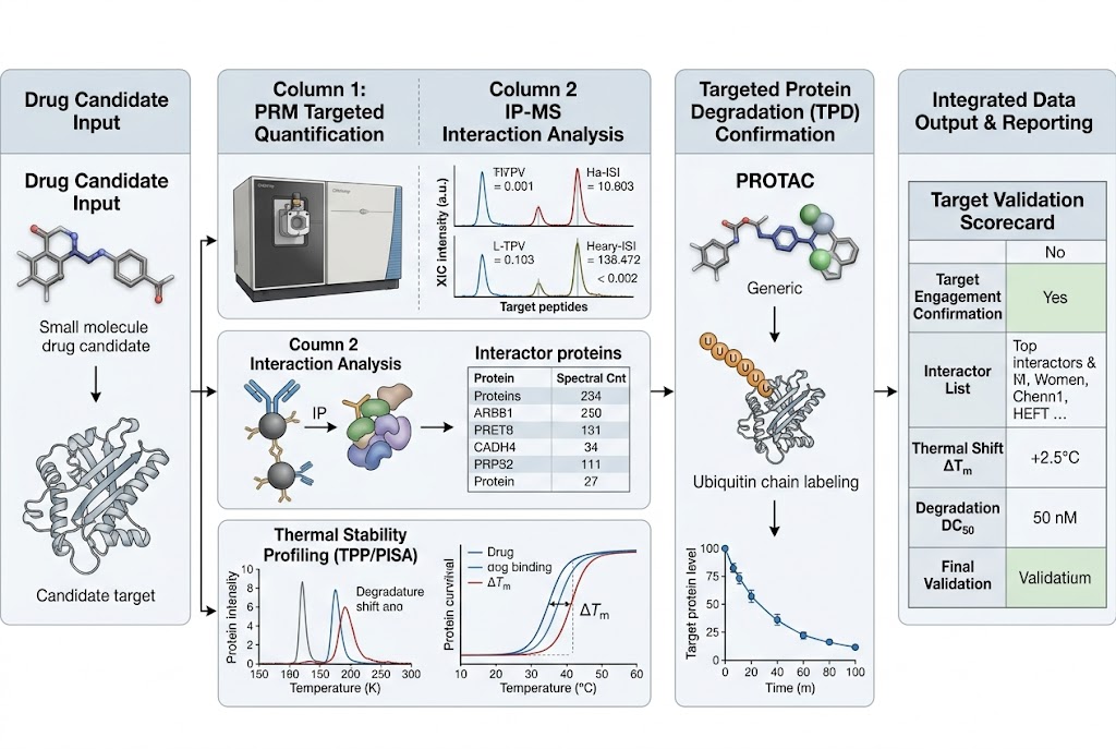Target validation proteomics workflow diagram connecting four technology pillars: PRM quantification, IP-MS interaction analysis, TPP thermal profiling, and TPD degradation confirmation