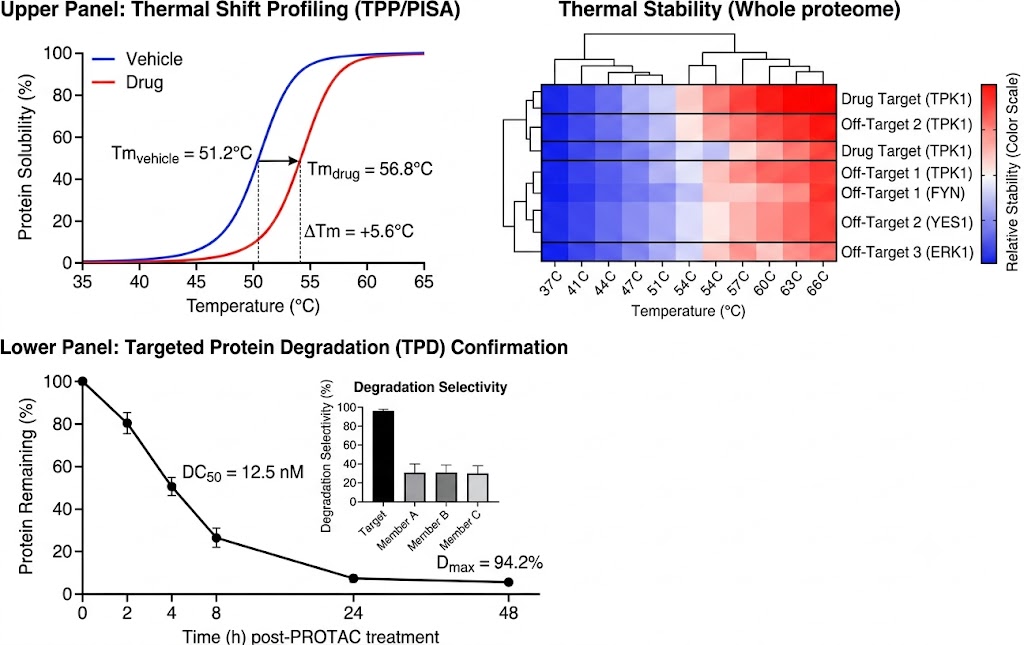 TPP thermal shift melting curves and TPD degradation time course data with key metrics