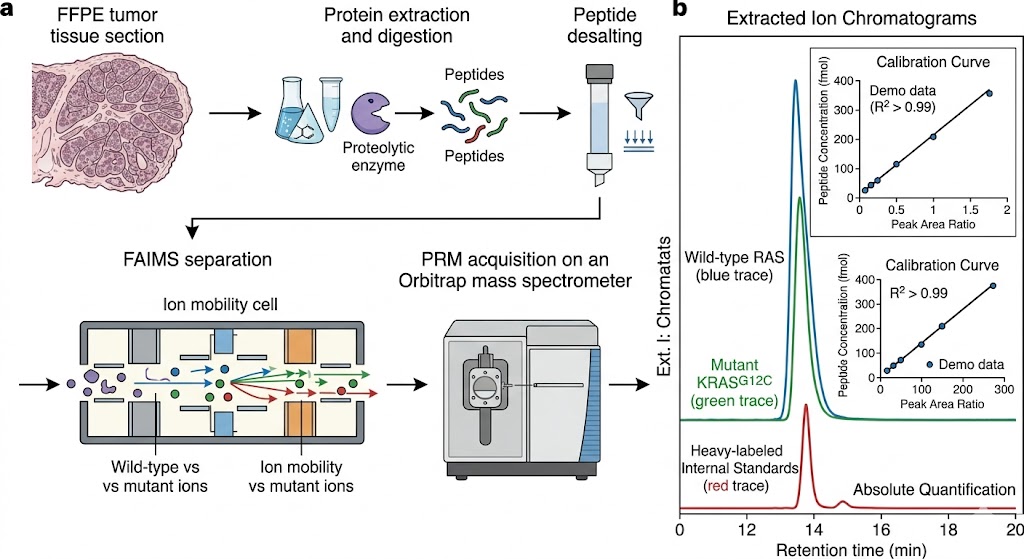 FAIMS-PRM target engagement workflow from FFPE tumor tissue through protein extraction, digestion, FAIMS separation, and PRM acquisition on Orbitrap mass spectrometer
