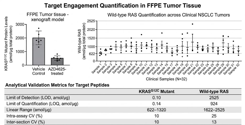 KRASG12C quantification bar chart comparing vehicle vs AZD4625-treated groups and wild-type RAS scatter plot across clinical samples