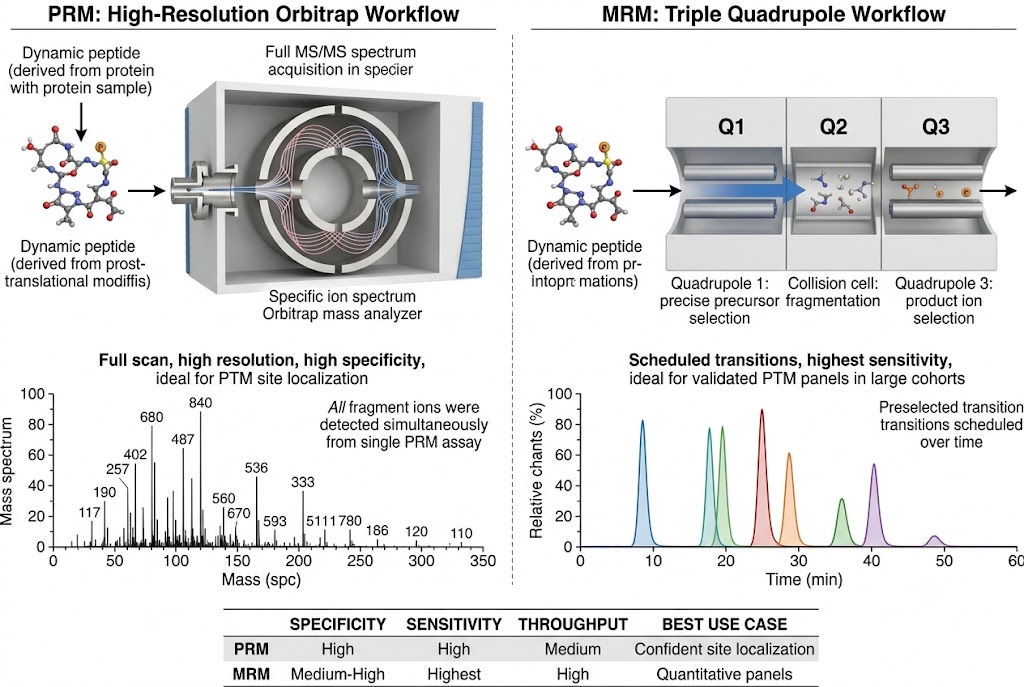 Side-by-side comparison of PRM on high-resolution Orbitrap and MRM on triple quadrupole mass spectrometers for PTM quantification