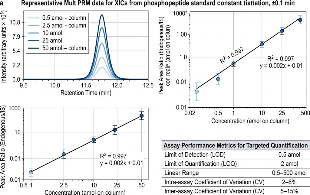 PRM extracted ion chromatograms showing phosphopeptide quantification across a titration series with linear response