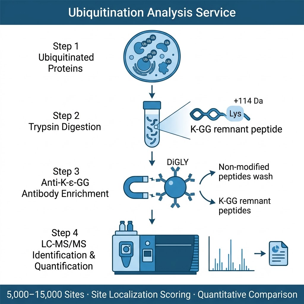 Ubiquitination analysis service overview — diGLY antibody enrichment workflow for proteome-wide ubiquitinome profiling by LC-MS/MS