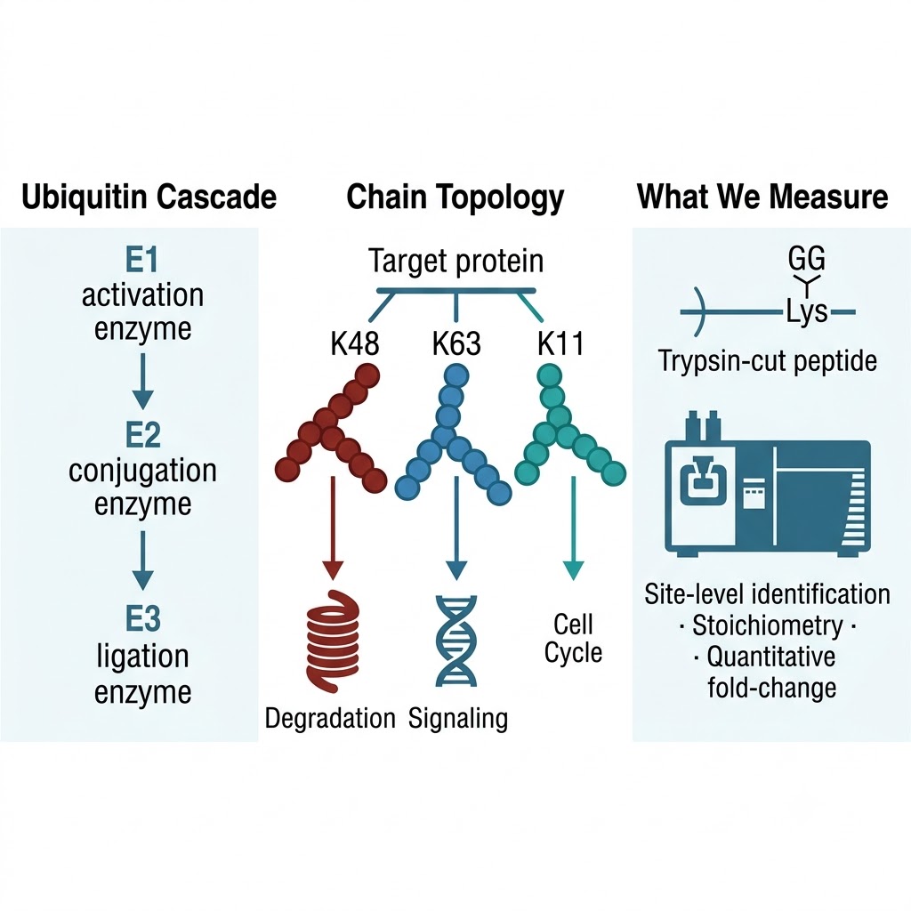 Ubiquitin-proteasome system UPS pathway — E1 E2 E3 cascade K48 K63 chain topology substrate degradation