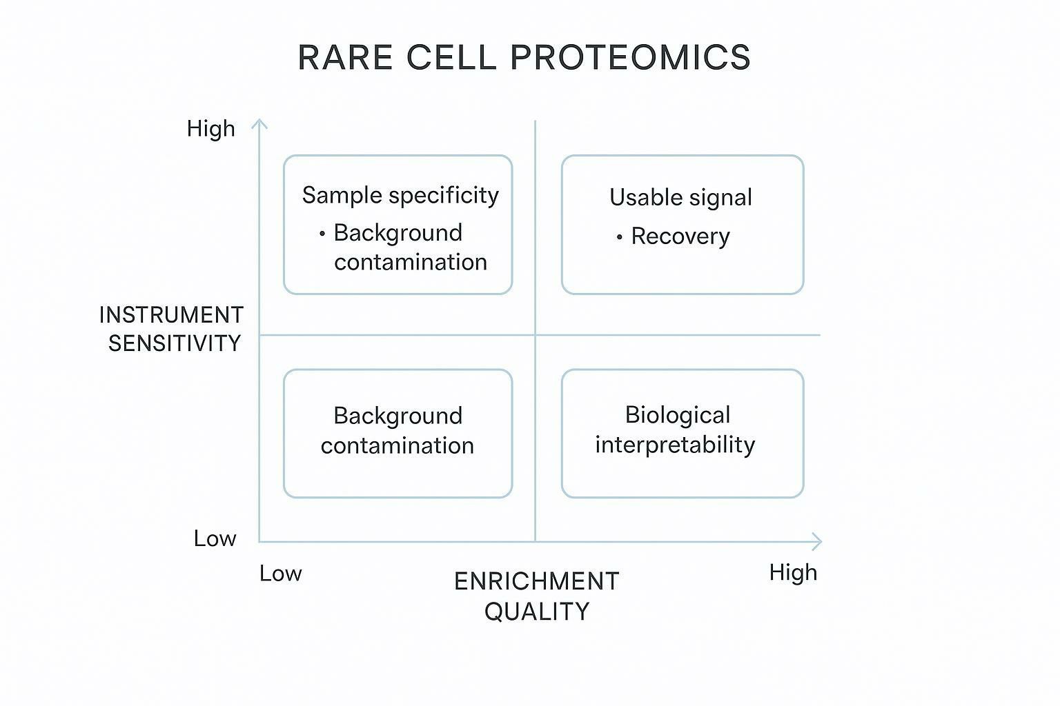 Rare cell proteomics enrichment quality vs instrument sensitivity diagram