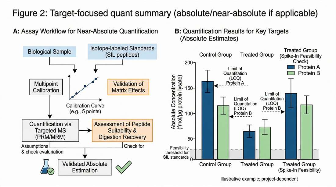 A dual-panel scientific figure summarizing target-focused protein quantification.