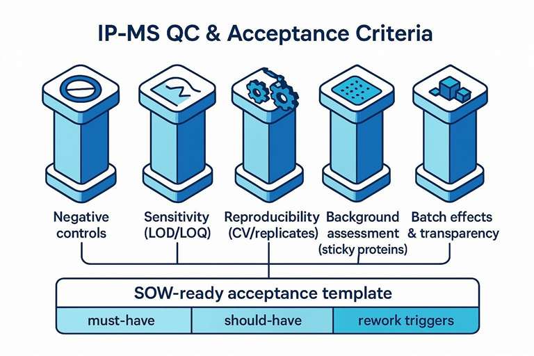 IP-MS QC framework diagram showing acceptance criteria for negative controls, LOD/LOQ, reproducibility, background, and batch effects.