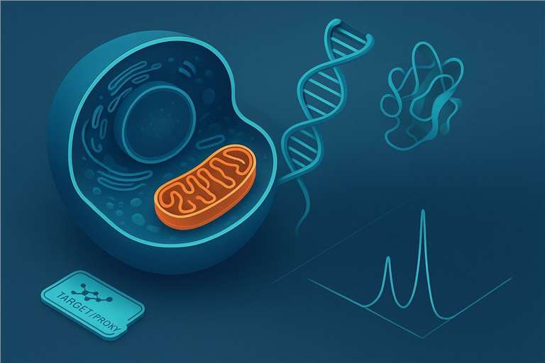 Cover: organelle-aware targeted proteomics with mitochondria highlighted, DNA-to-protein flow, and PRM peaks with Target/Proxy badge.