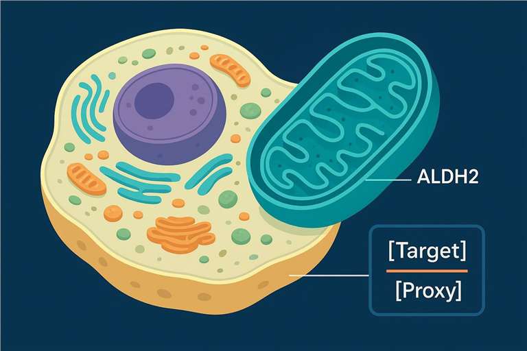 Diagram: organelle-specific normalization using VDAC1 as a mitochondrial proxy for ALDH2 quantification.