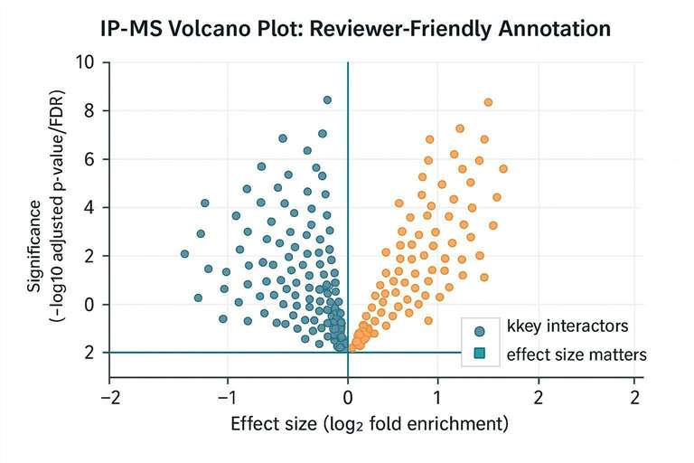 IP-MS volcano plot guide showing effect size and FDR thresholds for reviewer-friendly reporting.