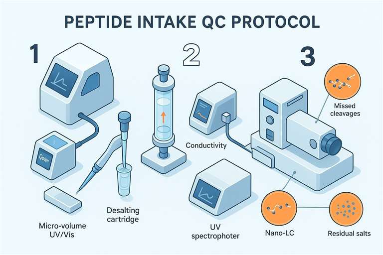 Quality control workflow for pre-digested peptide samples including quantification, desalting check, and micro-LC scouting run