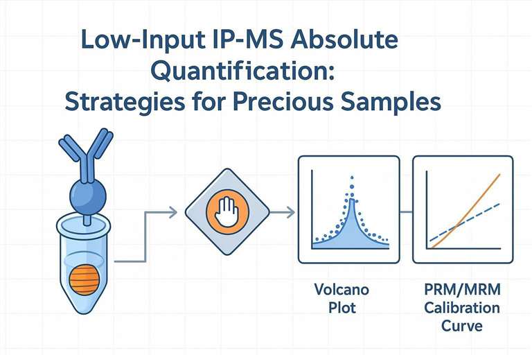 Cover image: low-input IP-MS pipeline with stop-loss gate, volcano plot, and calibration curve for absolute quantification.